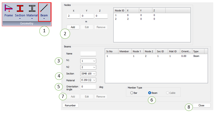 Create Nodes and Beams Dialog